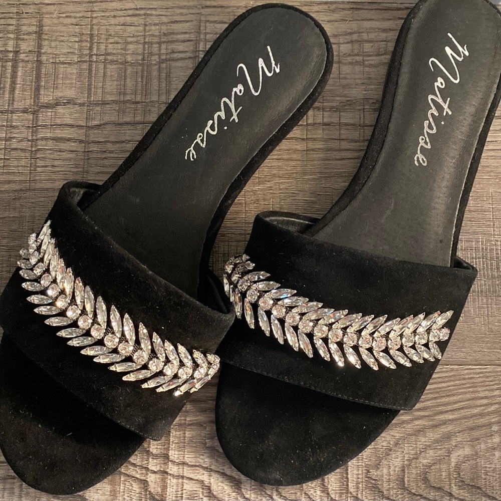 New Slides by Matisse Black Faux suede Slip on with Rhinestone details